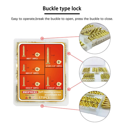 Hella Sturdy Brass Plated Wood Screw Assortment Kit Featuring Phillips Flat Heads And Drywall Compatible Self Tapping Design For Zero Sweat Indoor Outdoor Carpentry Build Out Projects 175 Piece Pack with labeled compartments.