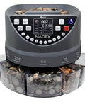 Dead On Coin Sorter And Counter Wrapper Machine With Rapid Sorting Functions Handles All US Currency Denominations Includes Forty Eight Preformed Wrappers For Fast Cash Processing with digital display and coin collection trays.