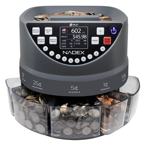 Dead On Coin Sorter And Counter Wrapper Machine With Rapid Sorting Functions Handles All US Currency Denominations Includes Forty Eight Preformed Wrappers For Fast Cash Processing with digital display and coin collection trays.