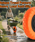 Flat Free 16 Inch Wheelbarrow Tire And Wheel Set Puncture Proof Solid 4.8 4.0 8 Tire Fits 5/8 And 3/4 Bearing 400 Lb Load Universal Fit For Garden Farm And Construction 2 Pack Orange tire in a garden path with wheelbarrow
