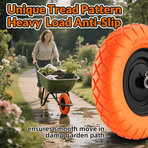 Flat Free 16 Inch Wheelbarrow Tire And Wheel Set Puncture Proof Solid 4.8 4.0 8 Tire Fits 5/8 And 3/4 Bearing 400 Lb Load Universal Fit For Garden Farm And Construction 2 Pack Orange tire in a garden path with wheelbarrow