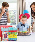 Two Pack 12.6 Inch Large Happy Birthday Gift Bags With Tissue Paper next to a boy blowing out candles at a birthday party