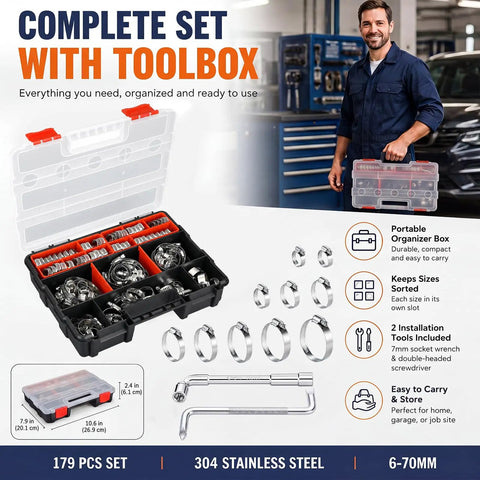 Huge Heavy Duty 179 Piece Stainless Steel Hose Clamp Assortment Kit With Durable Toolbox And Wrench, 304 stainless steel, 6-70mm