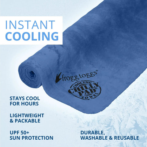 Chilly Pad Cooling Towel For Sports And Outdoors, 33x13 inches, rolled with logo, highlights features like sun protection