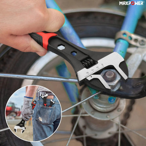 Adjustable Wrench Set 6 Inch 8 Inch 10 Inch, Drop Forged CrV Steel, used on a bicycle wheel for repair, insert detail in pocket