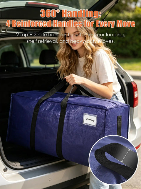 Person holding 8 Pack Heavy Duty Moving Bags With Wrap Around Handles Ultra Large 24 Gal Storage Totes for Easy Loading