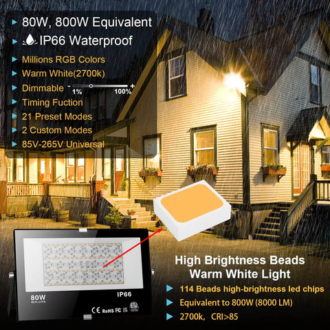 Outdoor LED Flood Light Set 800W Equivalent With Bluetooth Smart Color Changing RGB And Warm White 2700K, light specs graphic