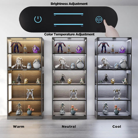 Go-To Five Tier Glass Display Cabinet With Dimmable LED Lights And Motion Sensor, Espresso Wood Frame For Collectibles Like Action Figures, Model Cars, Or Memorabilia In Living Room Bedroom Or Office, warm neutral cool