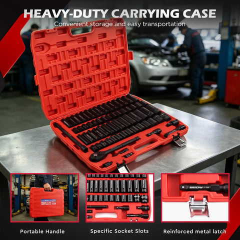 66 Piece One Half Inch Drive Impact Socket Set with Deep and Standard 6 Point Cr-V Sockets in red storage case