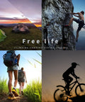 Outdoor adventurers camping, climbing, hiking, and cycling in nature at sunset, showcasing activities for a free life outdoors.