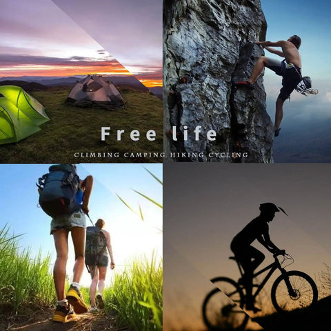 Outdoor adventurers camping, climbing, hiking, and cycling in nature at sunset, showcasing activities for a free life outdoors.