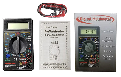 7 Function Digital Multimeter For DIYers And Pros Measures AC DC Voltage, Resistance, Current, Transistors And Diodes with accessories.
