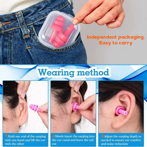 200 Pairs Silicone Ear Plugs Bulk With 10 Assorted Colors And Carry Cases For Sleeping shown in use and stored in pocket case.