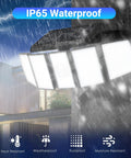 Solar Motion Sensor Flood Lights For Outdoors IP65 Waterproof, mounted on wall in rain with weather-resistant features shown