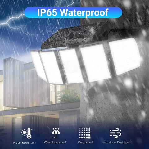 Solar Motion Sensor Flood Lights For Outdoors IP65 Waterproof, mounted on wall in rain with weather-resistant features shown