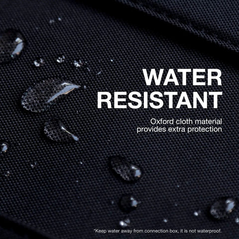 Close-up of water droplets on black Oxford cloth showing water resistance for the 60 Watt Foldable Solar Panel Charger. Leave The Cord Hustle Behind With This 60 Watt Foldable Solar Panel Charger Ideal For Tailgates Campouts And Emergency Backup Features Usb C Dual Usb A And Dc Outputs To Keep Your Portable Power Banks Running Smooth.