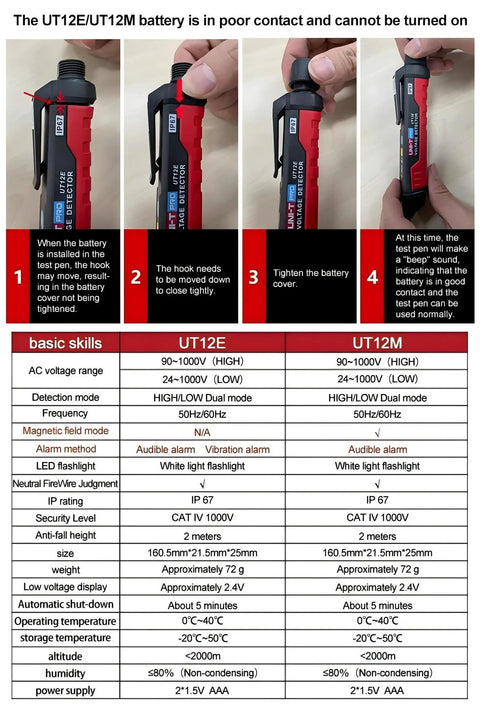UT12E Non Contact AC Voltage Detector Pencil, 160.5mm PC housing, battery cover contact fix guide and specs chart
