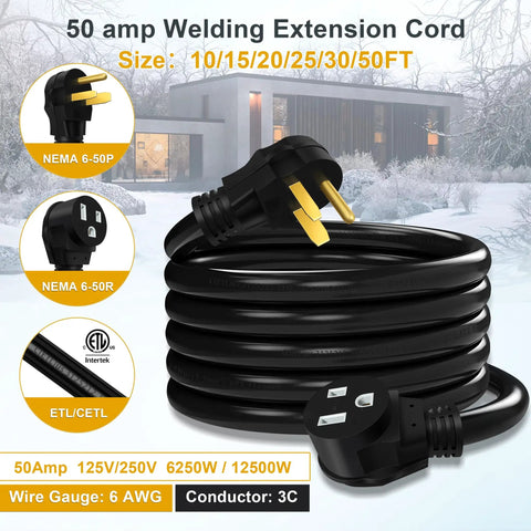 Heavy Duty Welding Extension Cord 6 AWG 50 Amp 25 Foot Cable Loaded With NEMA 6-50P To 6-50R Plugs coiled in front of a modern building.