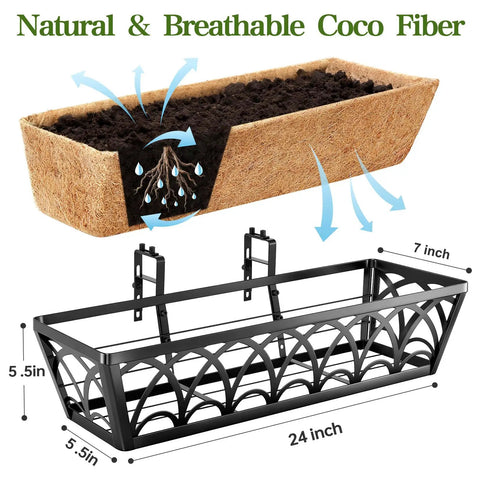24 Inch Railing Planter Box Set With Adjustable Brackets And Coco Liners 2 Pack Balcony Deck Flower Boxes For Windows And Railings Weatherproof Metal Planters For Outdoor Garden Decor, showing metal frame and coco liner