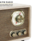 Close-up of Retro Wood Bluetooth Radio with Built In Speakers and Wireless Streaming Walnut Finish, vintage AM/FM tuning dial