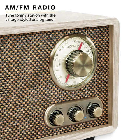 Close-up of Retro Wood Bluetooth Radio with Built In Speakers and Wireless Streaming Walnut Finish, vintage AM/FM tuning dial