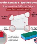 Grout Repair Kit With 14 Oz White Grout Filler For Wall And Floor Tile Joints Ready To Use Pre Mix Includes Spatula And Sponge Quick Drying Mortar Fill Restore Cracked And Stained Grout spatula and sponge set for grout application with four edge types for different joint widths.