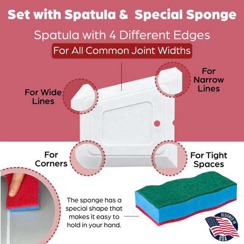 Grout Repair Kit With 14 Oz White Grout Filler For Wall And Floor Tile Joints Ready To Use Pre Mix Includes Spatula And Sponge Quick Drying Mortar Fill Restore Cracked And Stained Grout spatula and sponge set for grout application with four edge types for different joint widths.