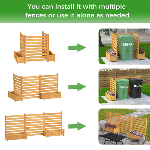 Three Panel Outdoor Wood Privacy Screen With Planter Box To Hide AC Unit And Trash Enclosure No Dig Kit Easy Setup