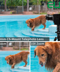 5-50mm 10X USB Zoom Camera With 12MP Sensor 1080P 120FPS Varifocal CS Mount Lens capturing a dog at a pool, multiple zoom levels shown