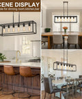 Slick Black 6 Light Linear Chandelier above kitchen island and dining table, showcasing matte steel frame and adjustable mounting.