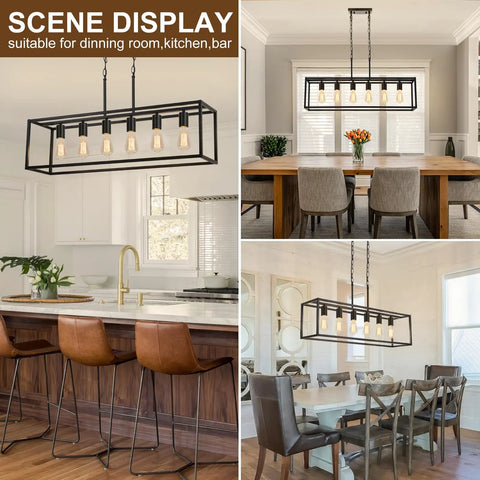 Slick Black 6 Light Linear Chandelier above kitchen island and dining table, showcasing matte steel frame and adjustable mounting.