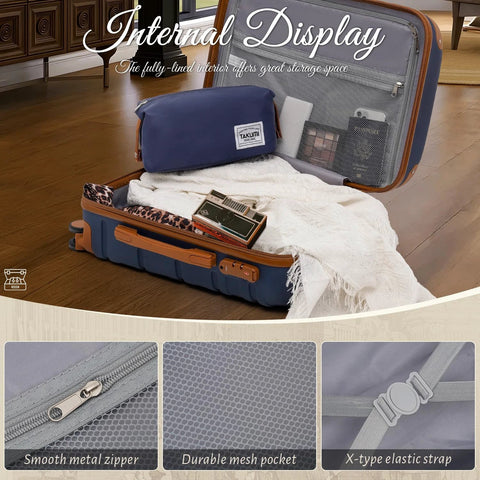 TAKUMI 3-piece navy ABS+PC hardside luggage set with duffel bag; open case shows interior mesh pocket.