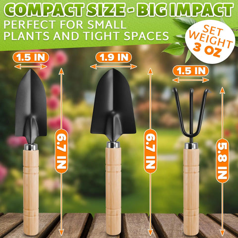 Mini 3 Piece Garden Tool Set With Trowel Shovel And Hand Rake For Indoor Plants Rust Resistant Iron And Solid Wood Handles Compact And Handy For Succulents Bonsai And Potted Plants On Balconies displayed with dimensions