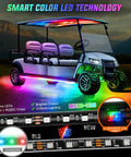 Golf cart with 6 Piece Underbody LED Light Kit For Golf Carts With Canopy Lights Dream Color Neon Accent Lights.