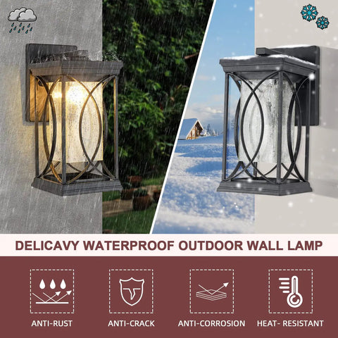 Dusk To Dawn Outdoor Coach Lantern With Crack Like Glass Black Aluminum Waterproof Wall Sconce for Exterior in rain and snow.