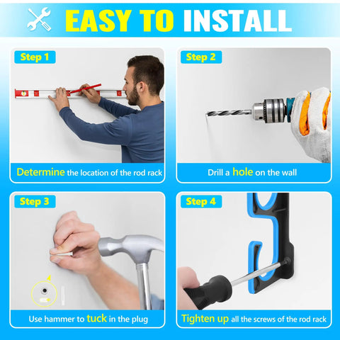 Steps to install Garage Wall Or Ceiling Mounted Fishing Rod Holder With Soft TPU Protective Pad, showing drilling and screwing process.