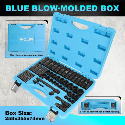 50 Piece 3/8 Inch Drive Socket Set With Both SAE And Metric, 6 Point Deep And Shallow, in blue blow-molded case, open view