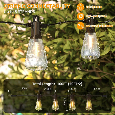 LED Outdoor String Lights 100ft Waterproof Patio Lighting With 53 Shatterproof ST38 Edison Bulbs, 2700K Warm White, Dimmable Hanging Lights For Backyard, Porch, Gazebo, Party Vibes