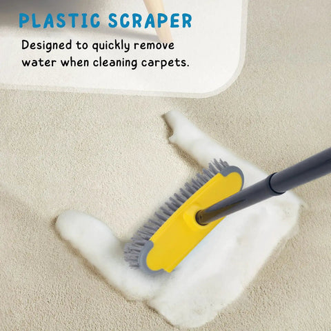 Long Handle Deck Brush With 50 Inch Reach For Shower And Outdoor Cleaning, Scrubber Broom in use on wet carpet