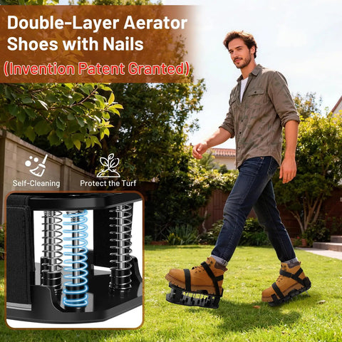 Man using Dual Layer Spike Lawn Aerator Shoes With Self Cleaning Design, Pre Installed Ten Spikes in a garden setting