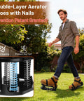 Person wearing Self Cleaning Dual Layer Spike Lawn Aerator Shoes with Adjustable Straps on grass