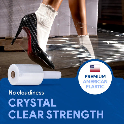 Close-up of 12 Pack 5 Inch By 1000 Foot Stretch Film Wrap With Handles For Moving And Storage, 3 Inch Core, Easy Grip Packaging Film.