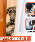 Heavy Duty Cat Door Prop That Holds Your Interior Door Cracked For Easy Roaming While Locking Dogs Outta Play Areas, showing a dog peeking through a partially open door.