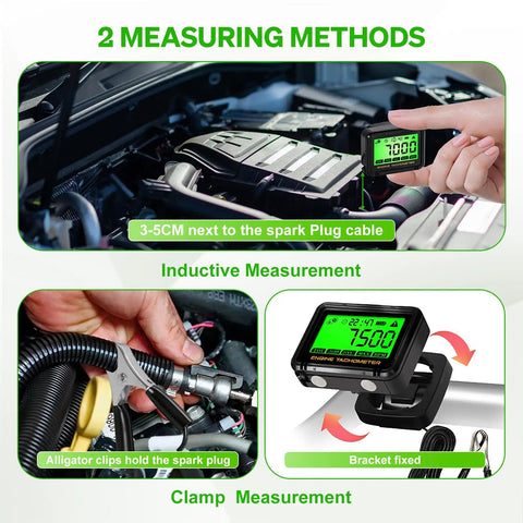 Digital Tachometer For Small Engines With LCD RPM Meter Hour Meter Waterproof Pulse Tach Replaceable Battery Boss For Lawn Mowers Dirt Bikes Boats Marine And UTVs 0 To 18,000 RPM Two Mode And Up To 36,000 RPM Three Mode Alarm Memory Auto Sleep