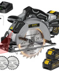 Six And A Half Inch Cordless Circular Saw Delivers Badass Cutting Force Through Double Four Ah Power Packs and a charger, showing its key features.