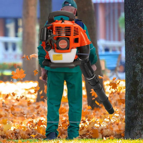 Person using Backpack Gas Powered Leaf Blower With 52cc 550 CFM 3HP Two Stroke Engine Air Cooled Lightweight 13.6 Lb for yard cleanup