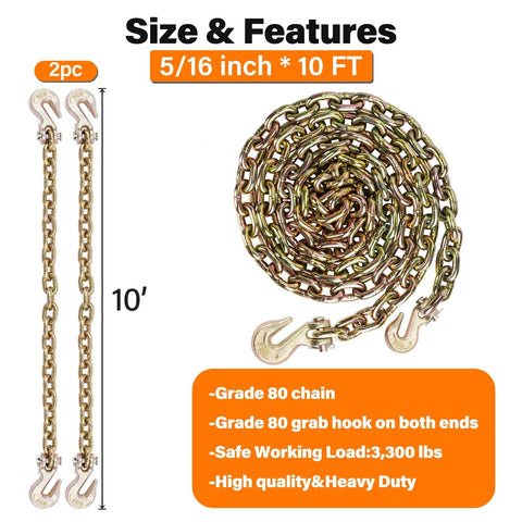 Two Pack G80 Trailer Safety Chain Set 5 Sixteenth Inch By 10 Foot With 5 Sixteenth Inch G80 Grab Hooks Beefed Up Heavy Duty Transport Binder Chain Fits 5 Sixteenth To 3 Eighth Inch Ratchet Binders 4900 Lbs Working Load Limit; each chain with G80 hooks shown coiled and straightened side by side.