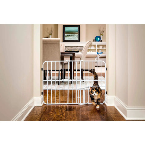 Tuffy Metal Expandable Pet Gate With Small Pet Door, 24 Inch Tall, Expands From 22 To 38 Inches, Pressure Mount, cat using pet door