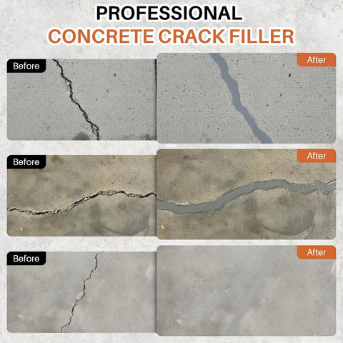Rock Solid Self Leveling Concrete Crack Filler Tough As Nails Heavy Duty Cement Repair Paste For Driveways Patios Sidewalks Quick Setting High Flexibility Indoor Outdoor Projects Two Pack before and after crack repair on concrete surfaces.