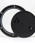 Rock Solid Two Pack Black 4 Inch Round Non Slip Marine Deck Hatch With Detachable Cover And Top Shelf Rubber Seal For Yachts Boats Kayaks And Rv Uv Resistant Abs, showing black plastic covers with textured surface.